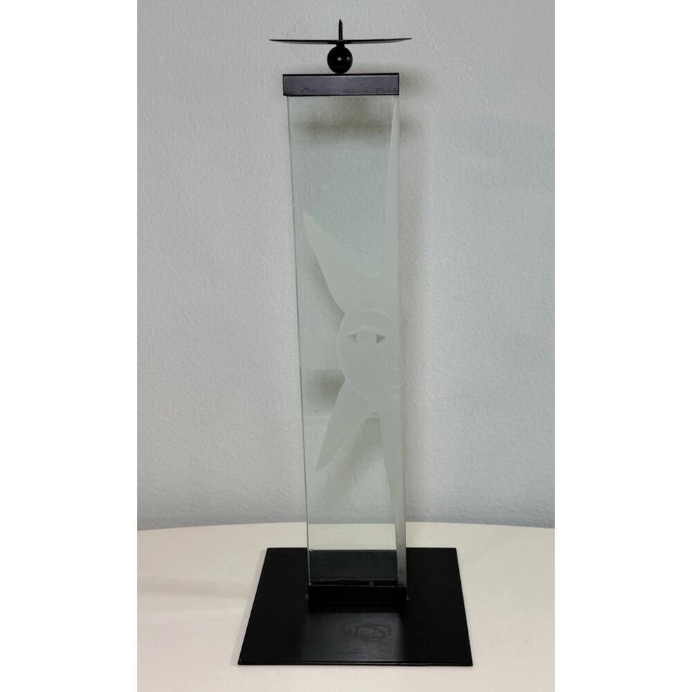 Vintage 90s Y2K Celestial Sun Etched Glass Candle Holder 15" Tall Boho